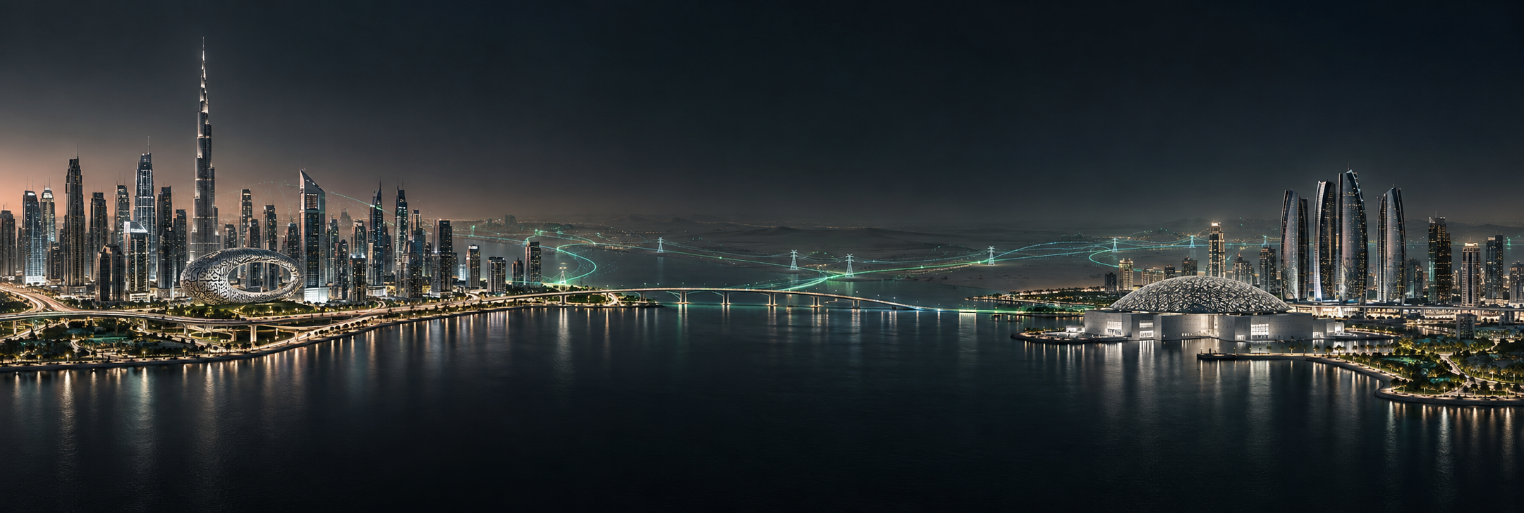 Futuristic panorama connecting Dubai and Abu Dhabi
